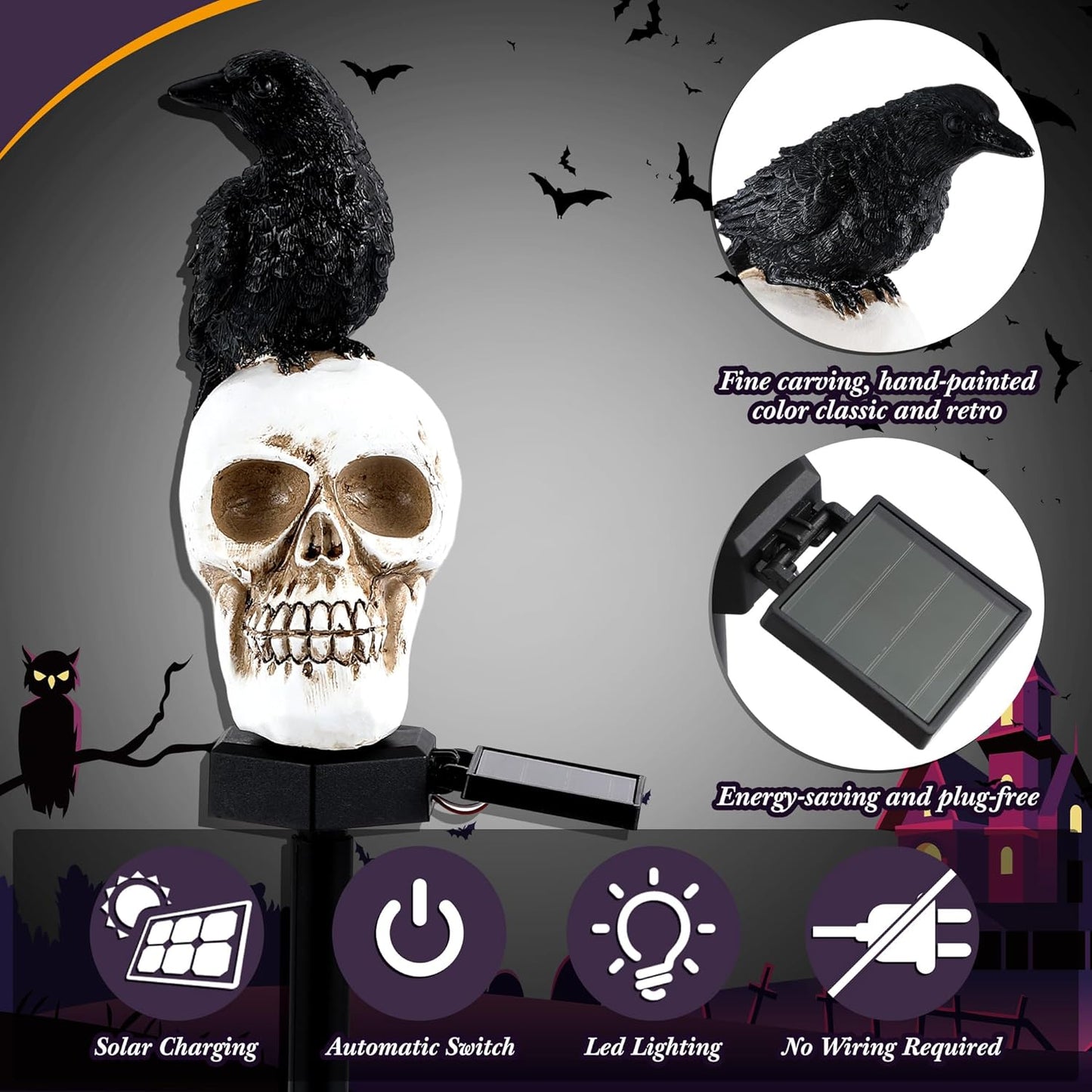 Water Resistant Crow Skull Solar light